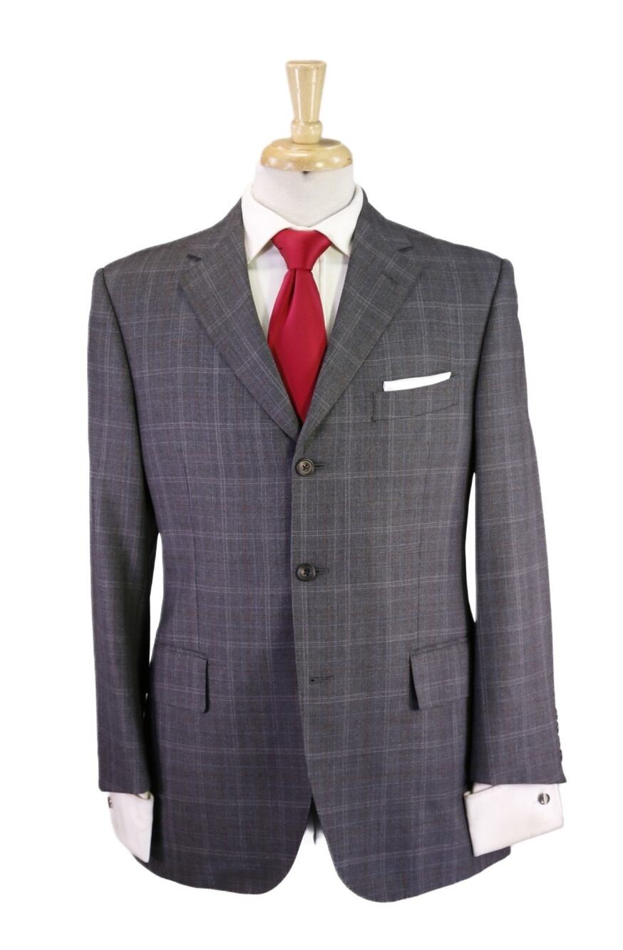 J Press Gray Blue Brown Plaid Windowpane 3-Btn Wool Suit 38S